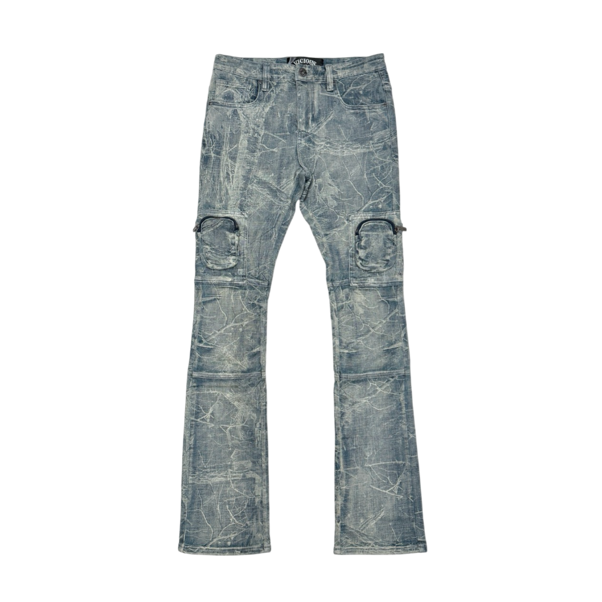 WASHED FRONT CARGO FLARED DENIM