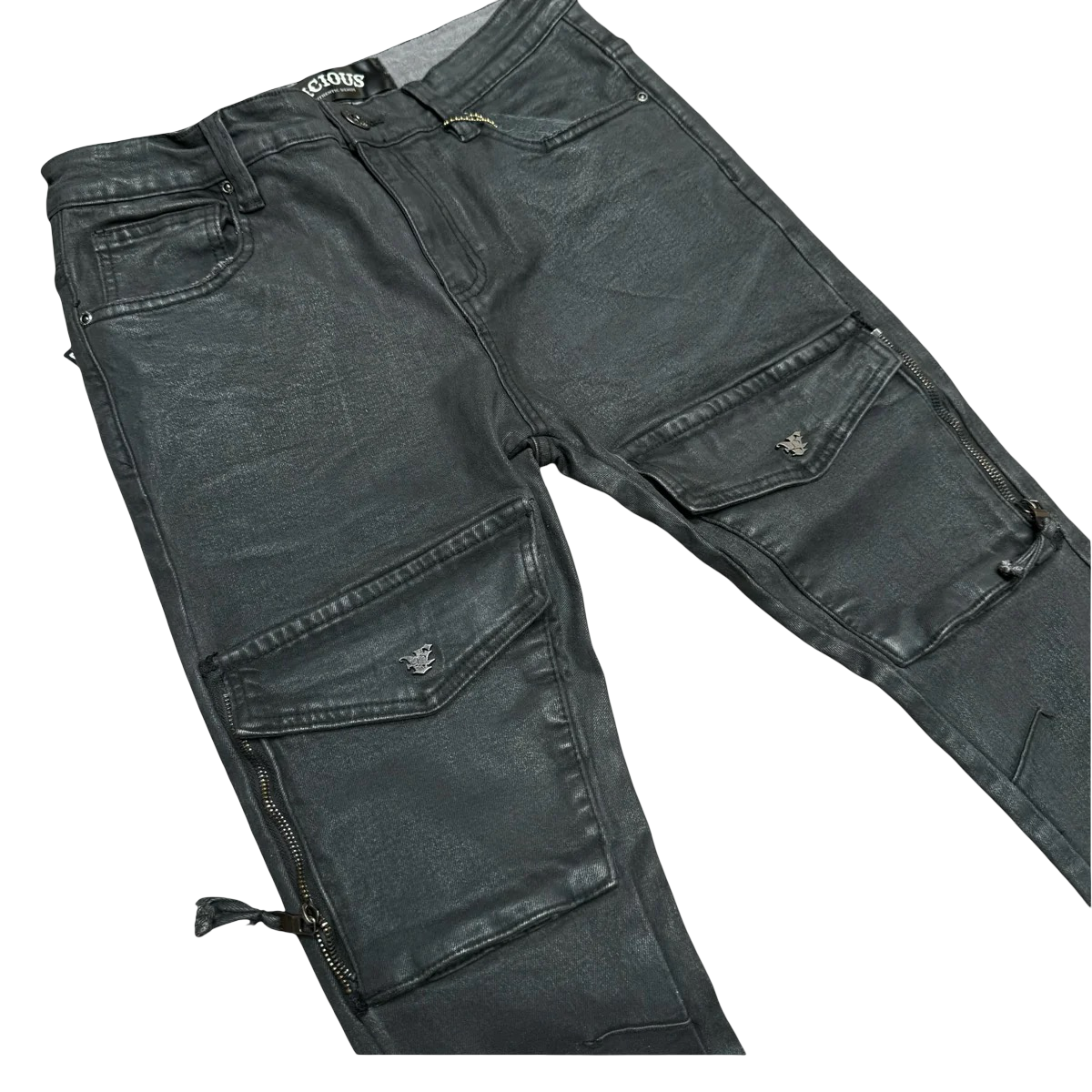 STACKED WAX COATED MULTI CARGO DENIM