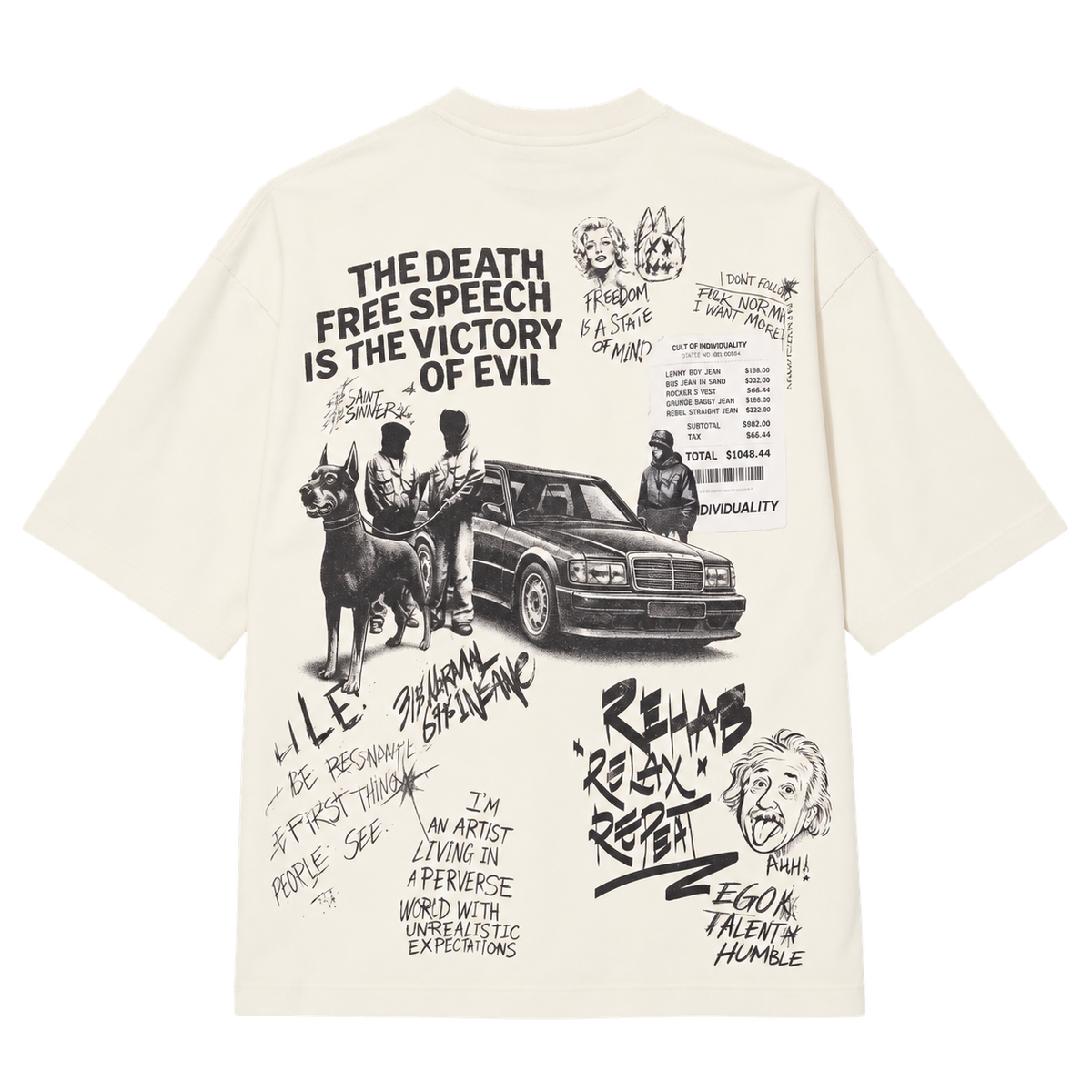 Cult of Individuality Cult Newspaper oversized tee in Winter White, back view