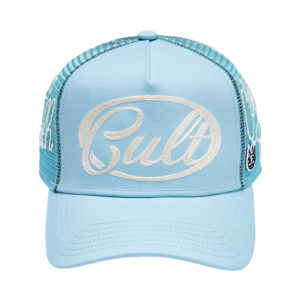 Cult's Mesh Back Trucker Hat "Community" In Blue Glow