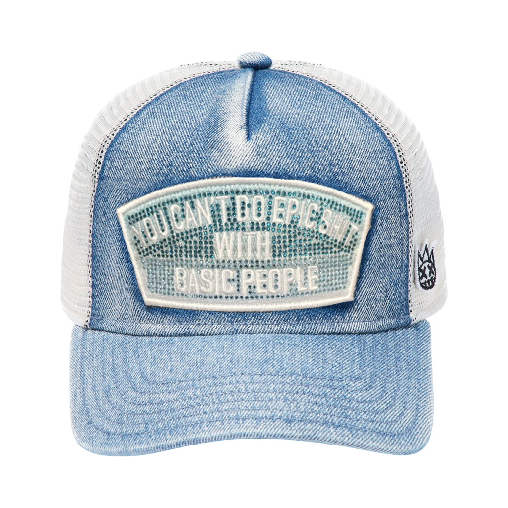 Cult's Mesh Trucker Hat "Epic Shit" Crystals In Blue Denim