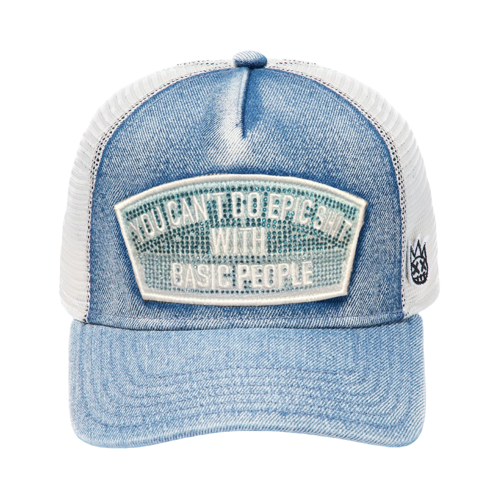 Cult's Mesh Trucker Hat "Epic Shit" Crystals In Blue Denim