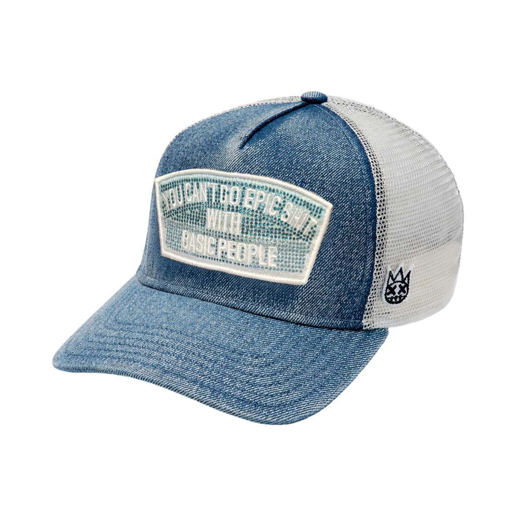 Cult's Mesh Trucker Hat "Epic Shit" Crystals In Blue Denim