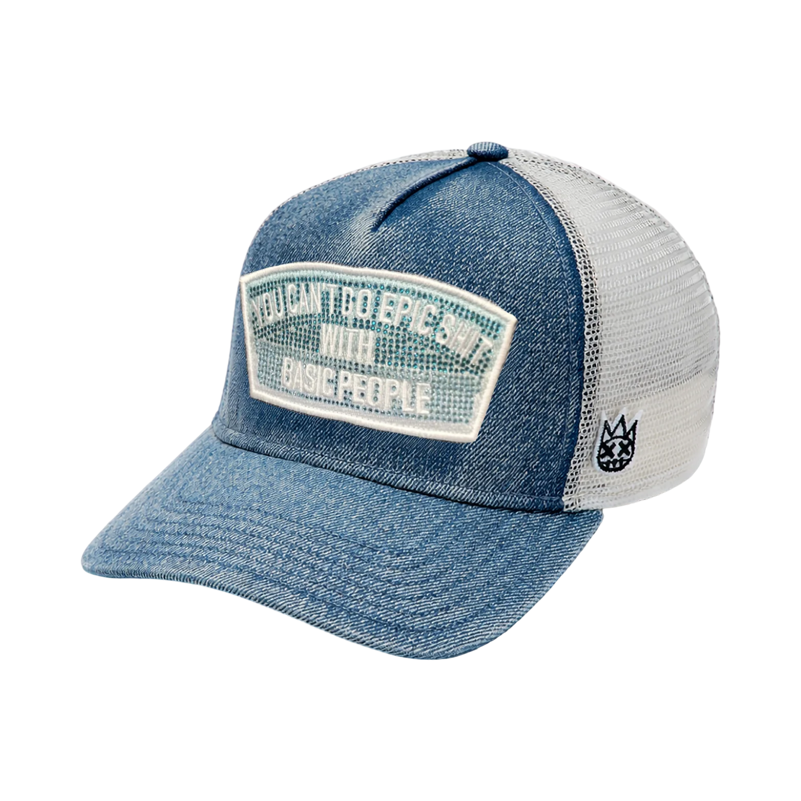 Cult's Mesh Trucker Hat "Epic Shit" Crystals In Blue Denim