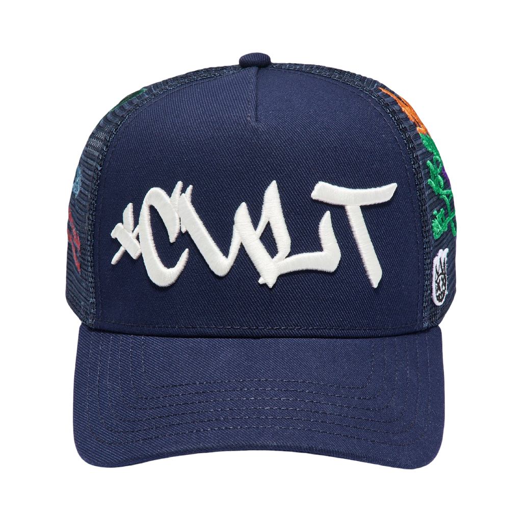 Cult's Mesh Back Trucker Hat "Graffiti" In Midnight Blue