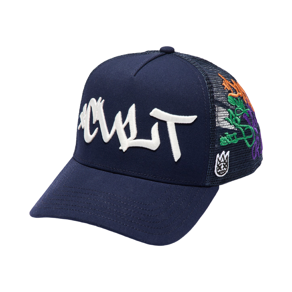 Cult's Mesh Back Trucker Hat "Graffiti" In Midnight Blue