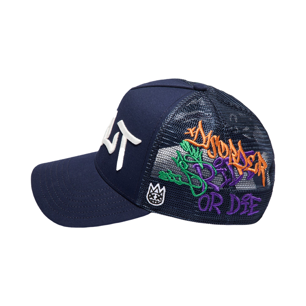 Cult's Mesh Back Trucker Hat "Graffiti" In Midnight Blue