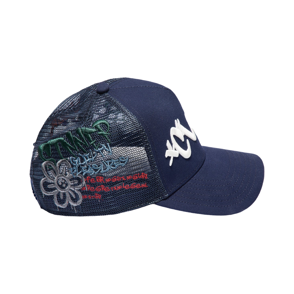 Cult's Mesh Back Trucker Hat "Graffiti" In Midnight Blue