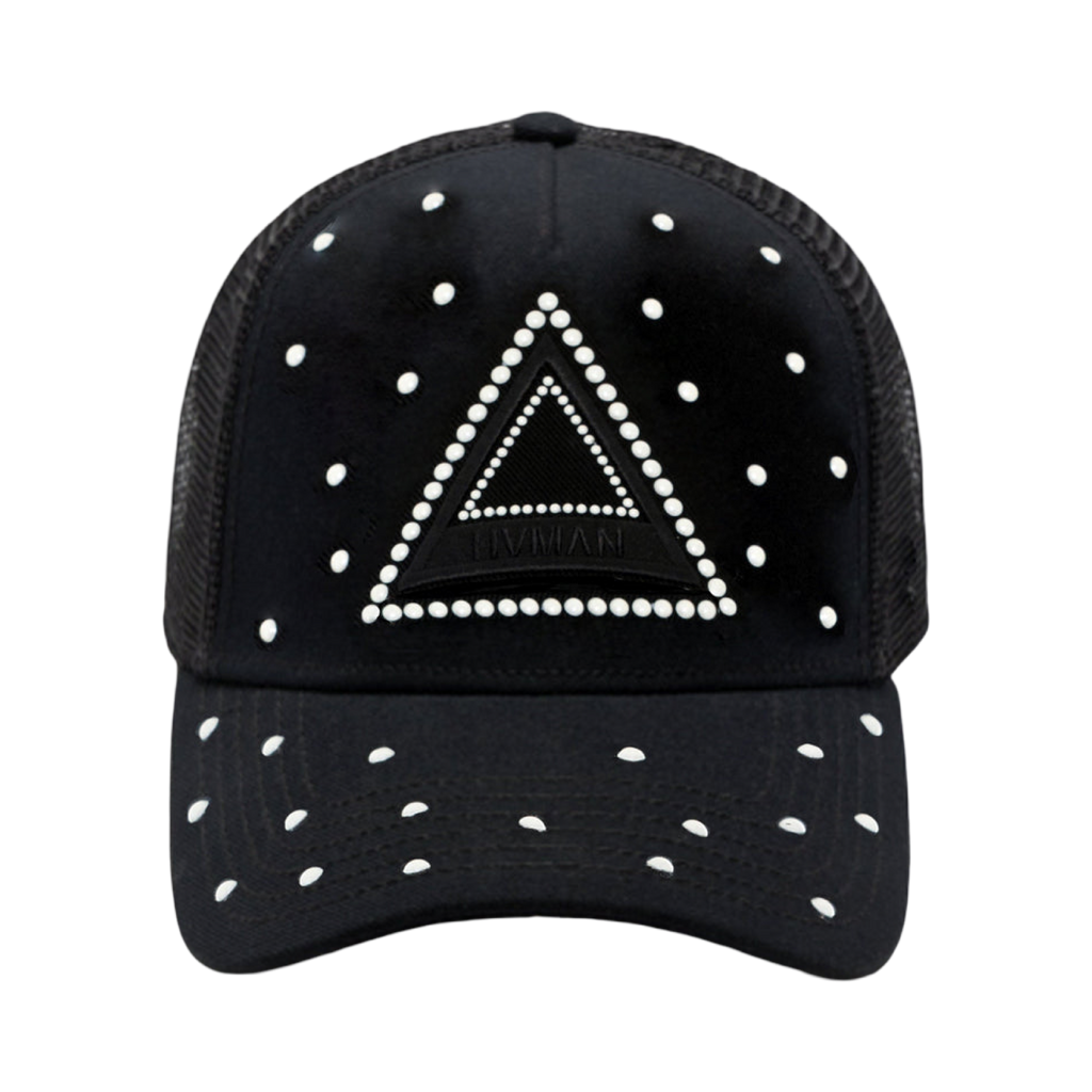 HVMAN'S TRIANGLE LOGO MESH TRUCKER HAT IN BLACK