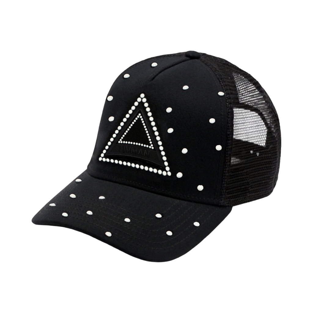 HVMAN'S TRIANGLE LOGO MESH TRUCKER HAT IN BLACK