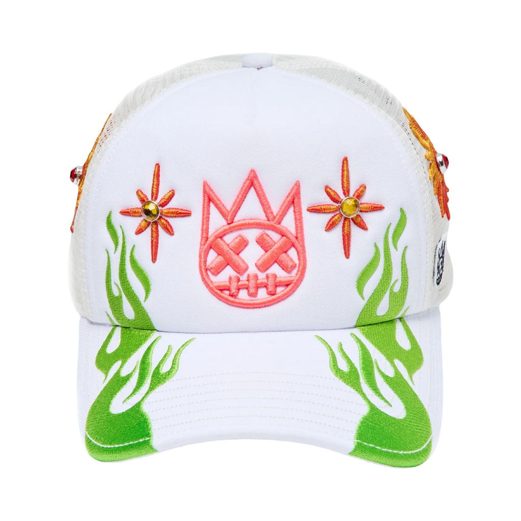 Cult's Mesh Back Trucker Hat "Sunny Daze Spider" In Winter White