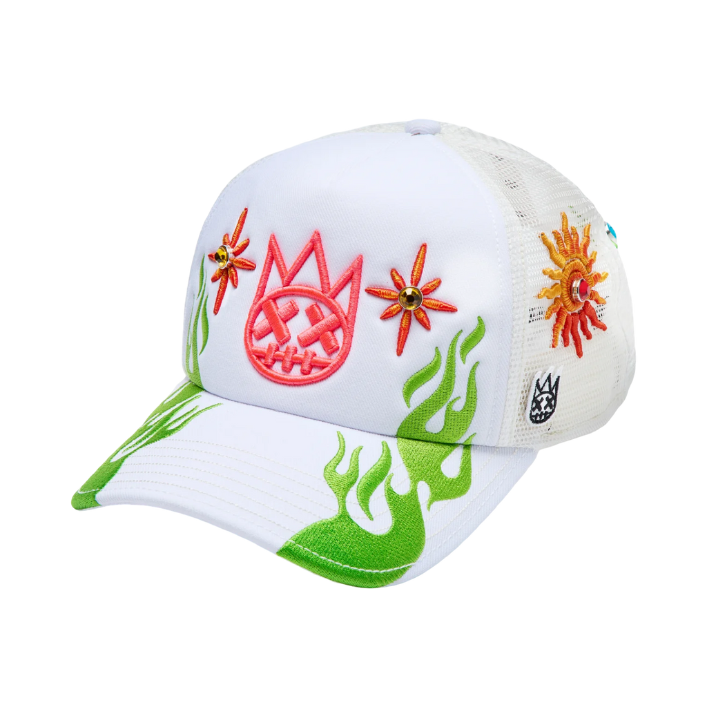 Cult's Mesh Back Trucker Hat "Sunny Daze Spider" In Winter White