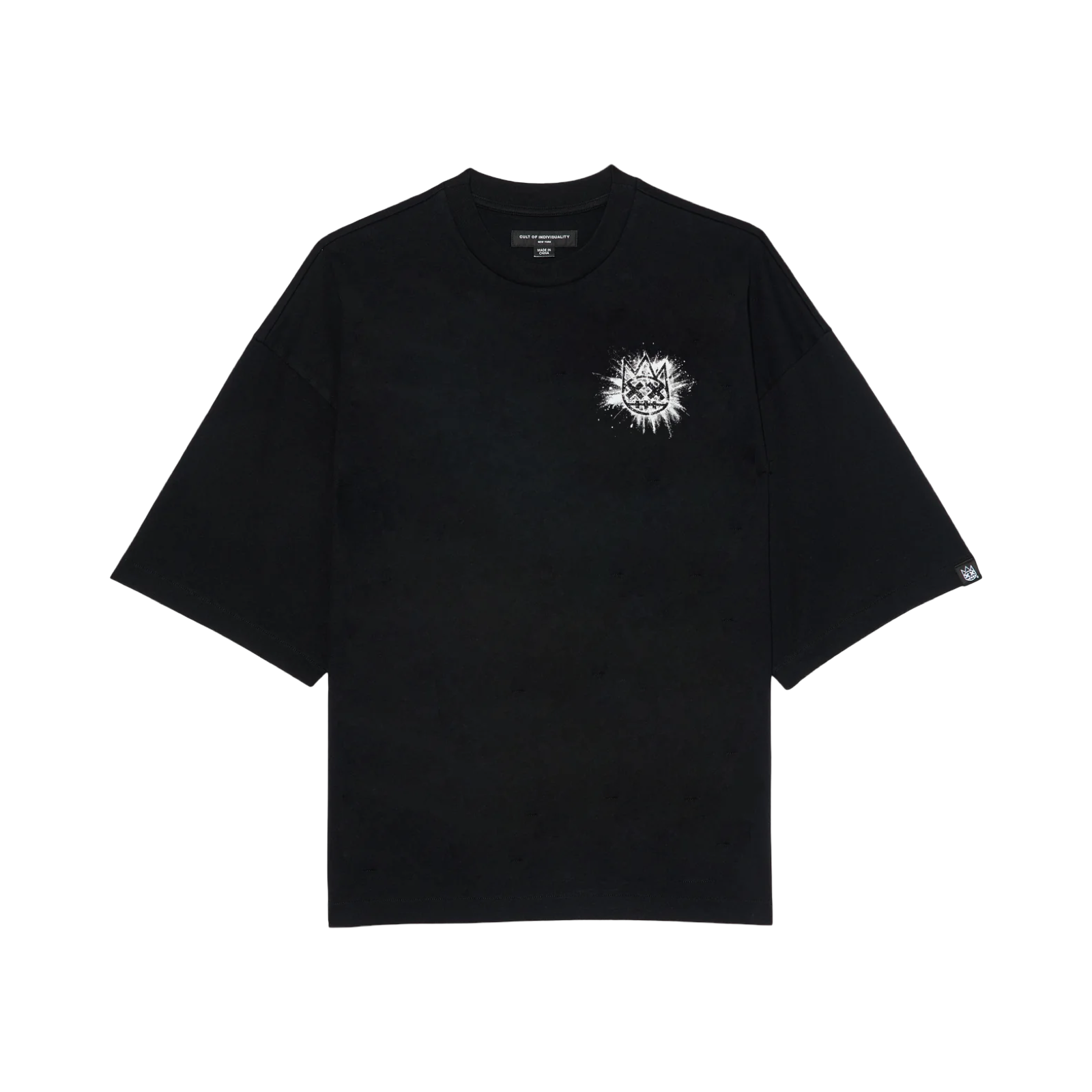 Cult's Oversized Short Sleeve Crew Neck Tee "Splatter Logo" in Black