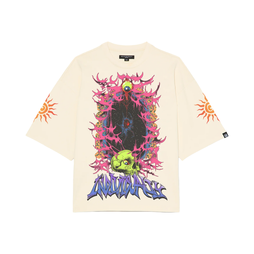 Cult's Oversized Short Sleeve Crew Neck Tee "Along Came A Spider" in Winter White