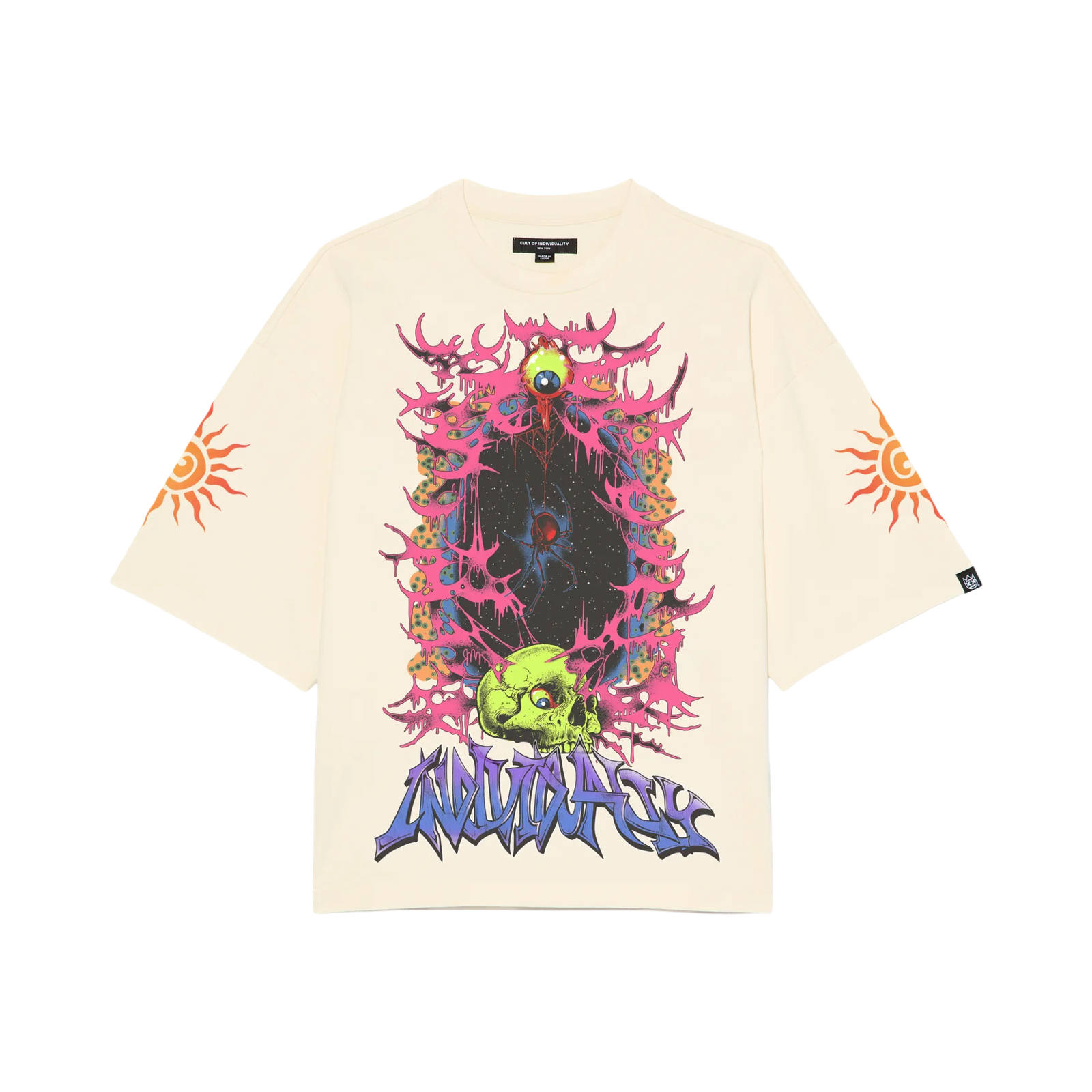Cult's Oversized Short Sleeve Crew Neck Tee "Along Came A Spider" in Winter White