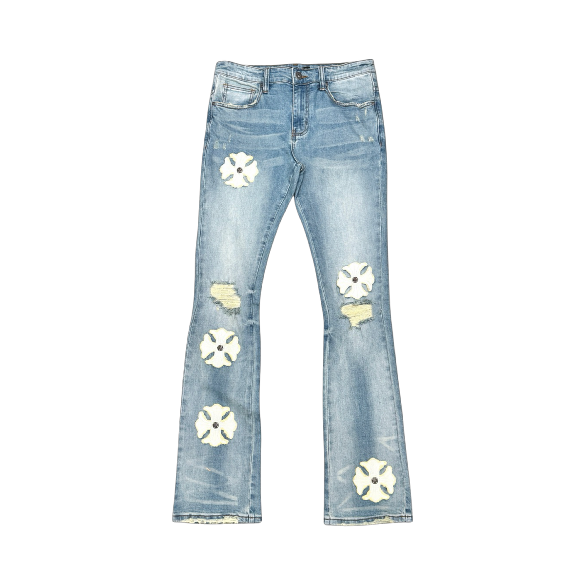 VICIOUS DENIM PREMIUM FLARED DENIM WITH ARTWORK ALL OVER in MUD BLUE, style VC1098