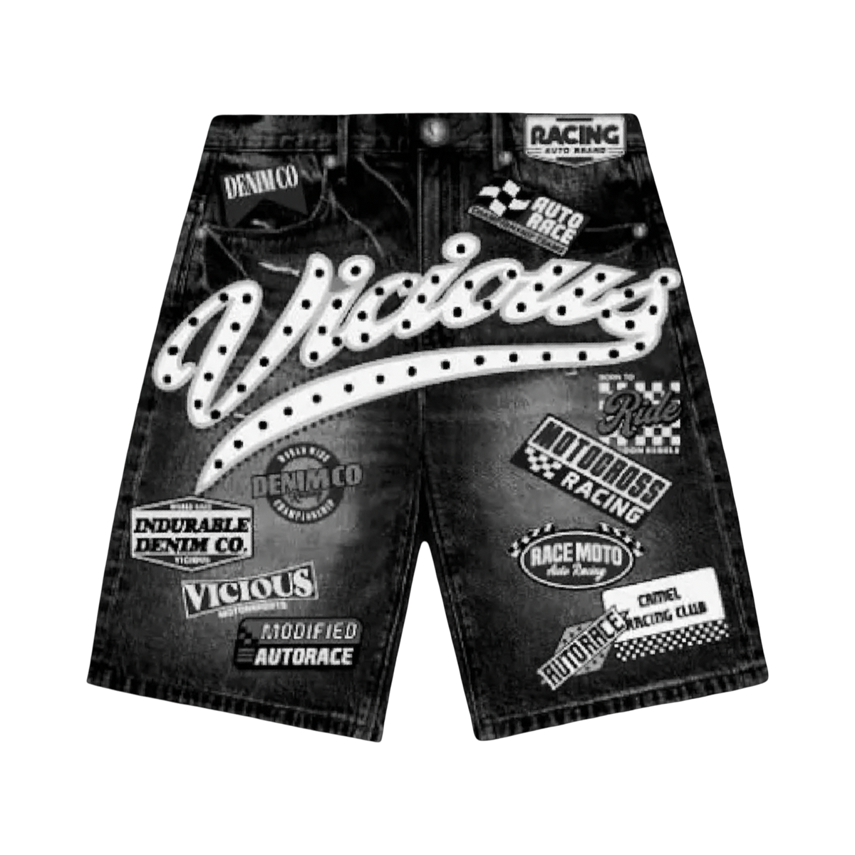 VICIOUS DENIM MOTO RACE DENIM SHORTS in BLACK, style VC1202