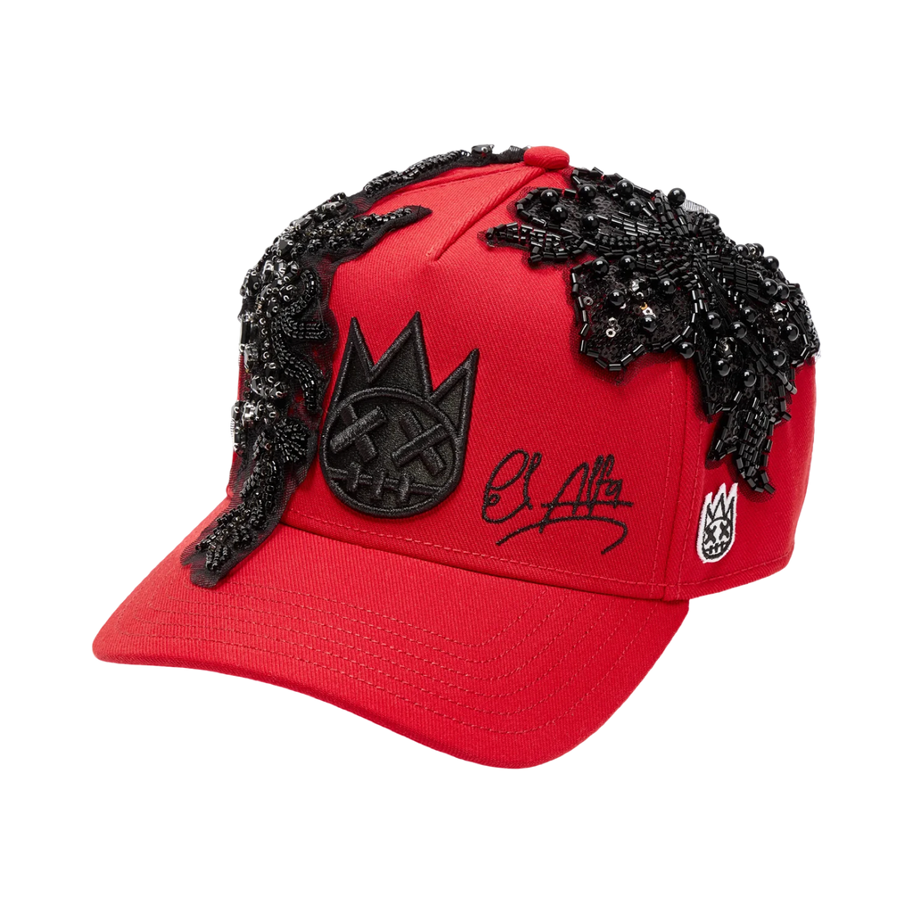 Cult X El Alfa Lurex Emb Logo 5 Panel A Frame Trucker Hat in Red