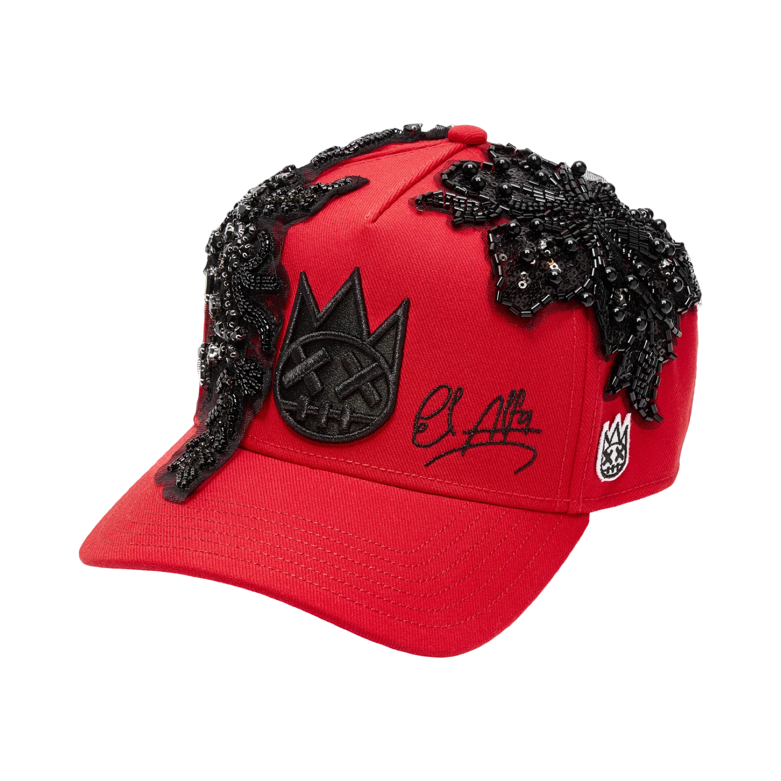 Cult X El Alfa Lurex Emb Logo 5 Panel A Frame Trucker Hat in Red