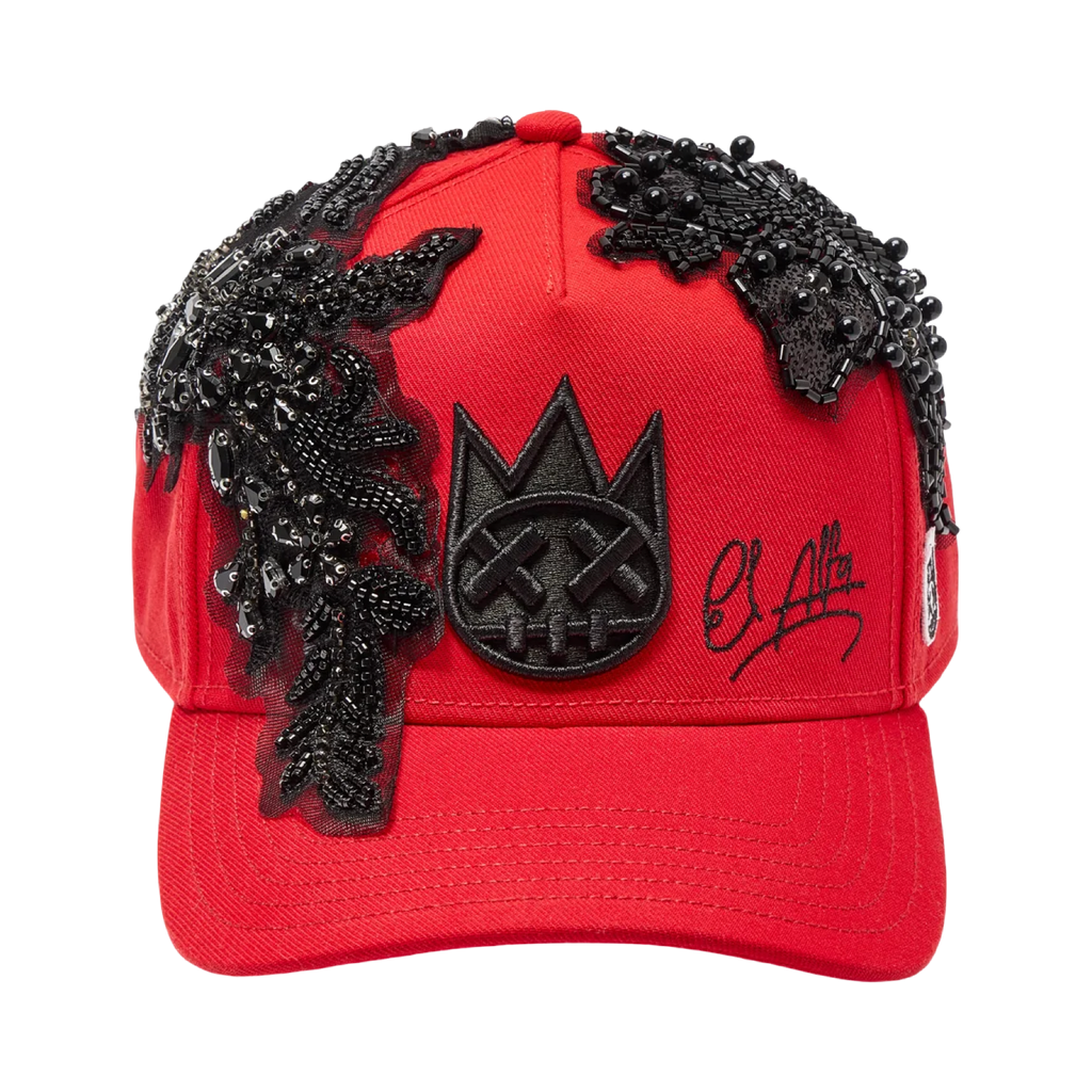 Cult X El Alfa Lurex Emb Logo 5 Panel A Frame Trucker Hat in Red
