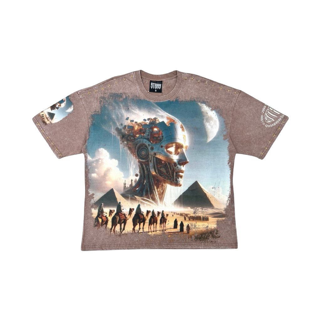Stray acid washed, digital print metal stud trim tshirt