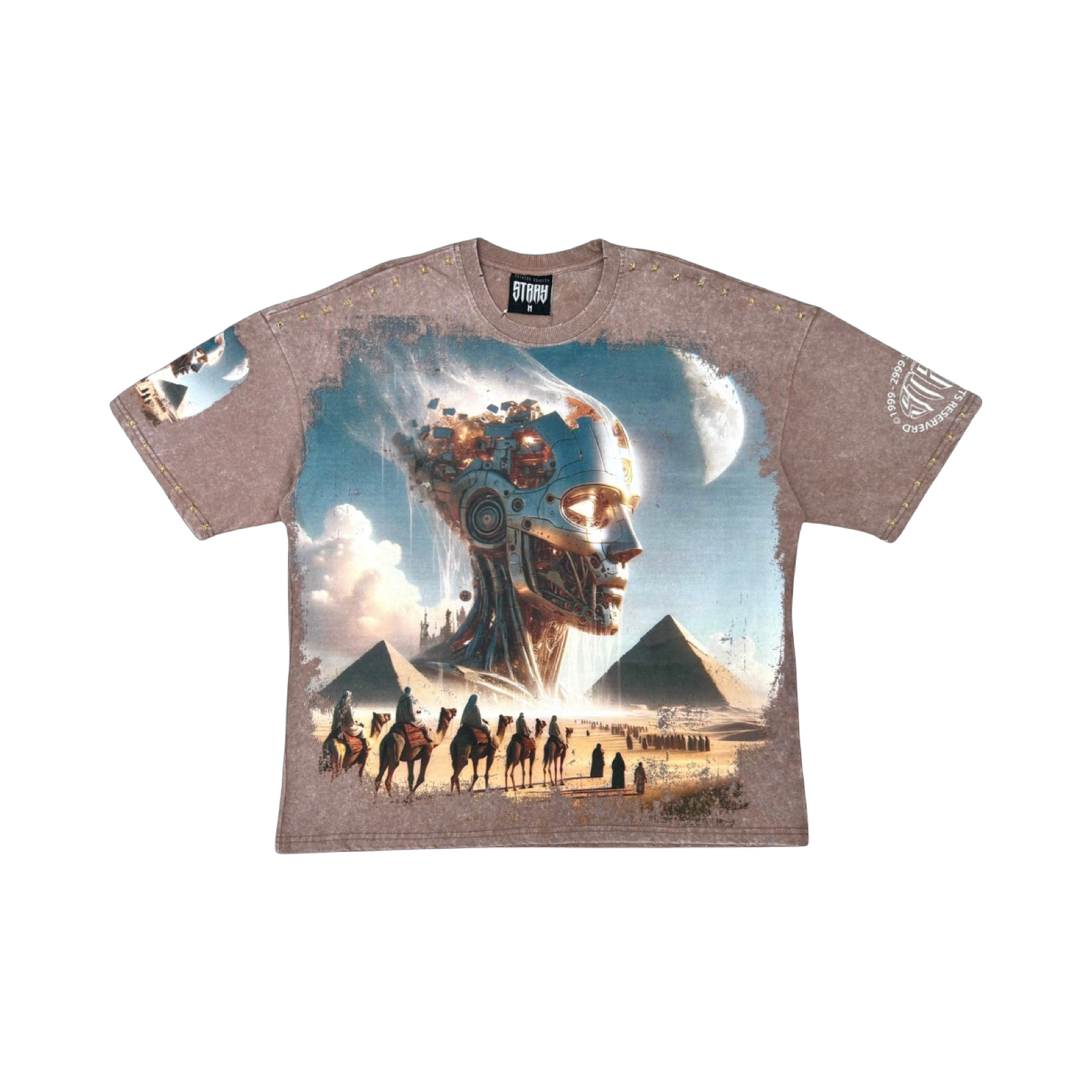 Stray acid washed, digital print metal stud trim tshirt