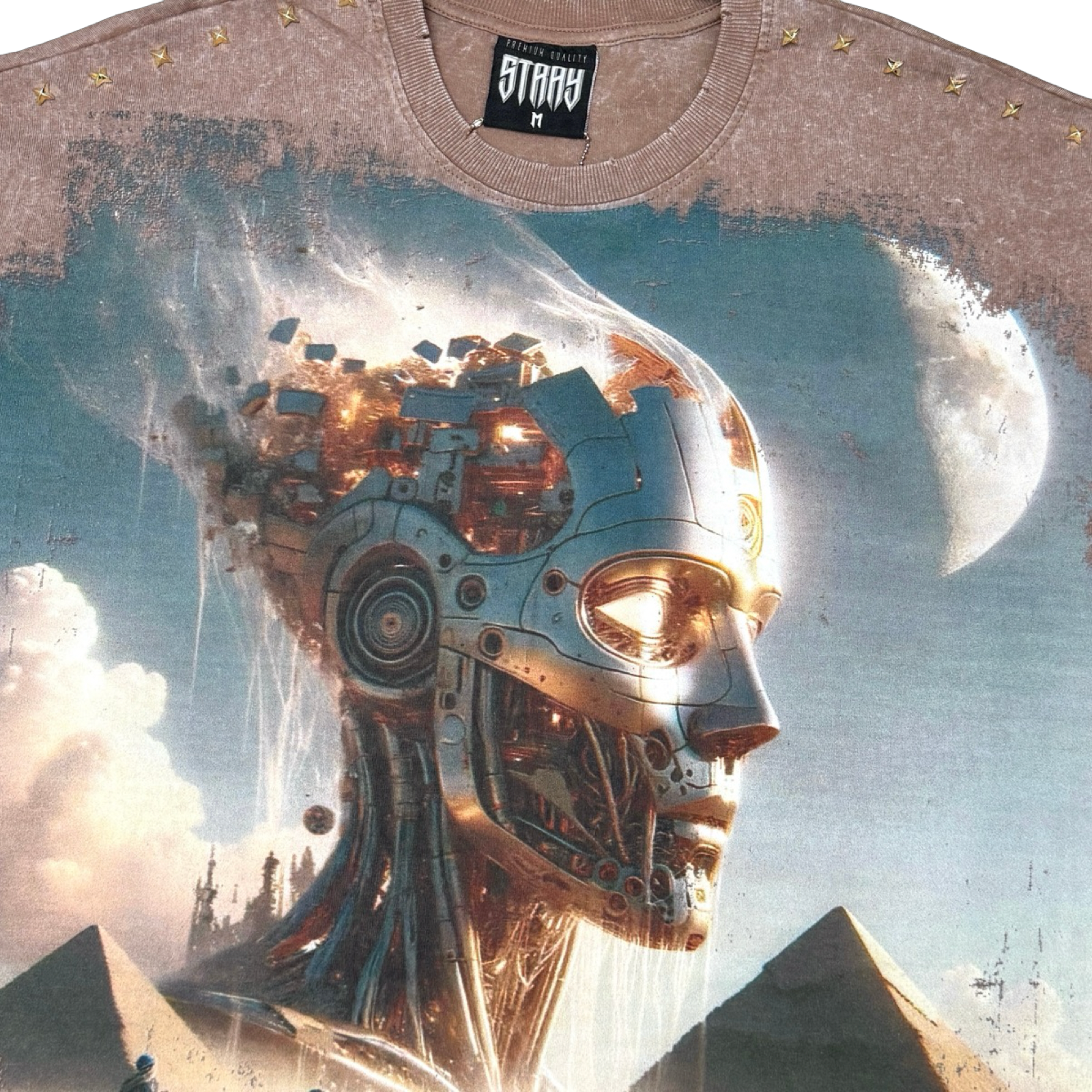 Stray acid washed, digital print metal stud trim tshirt