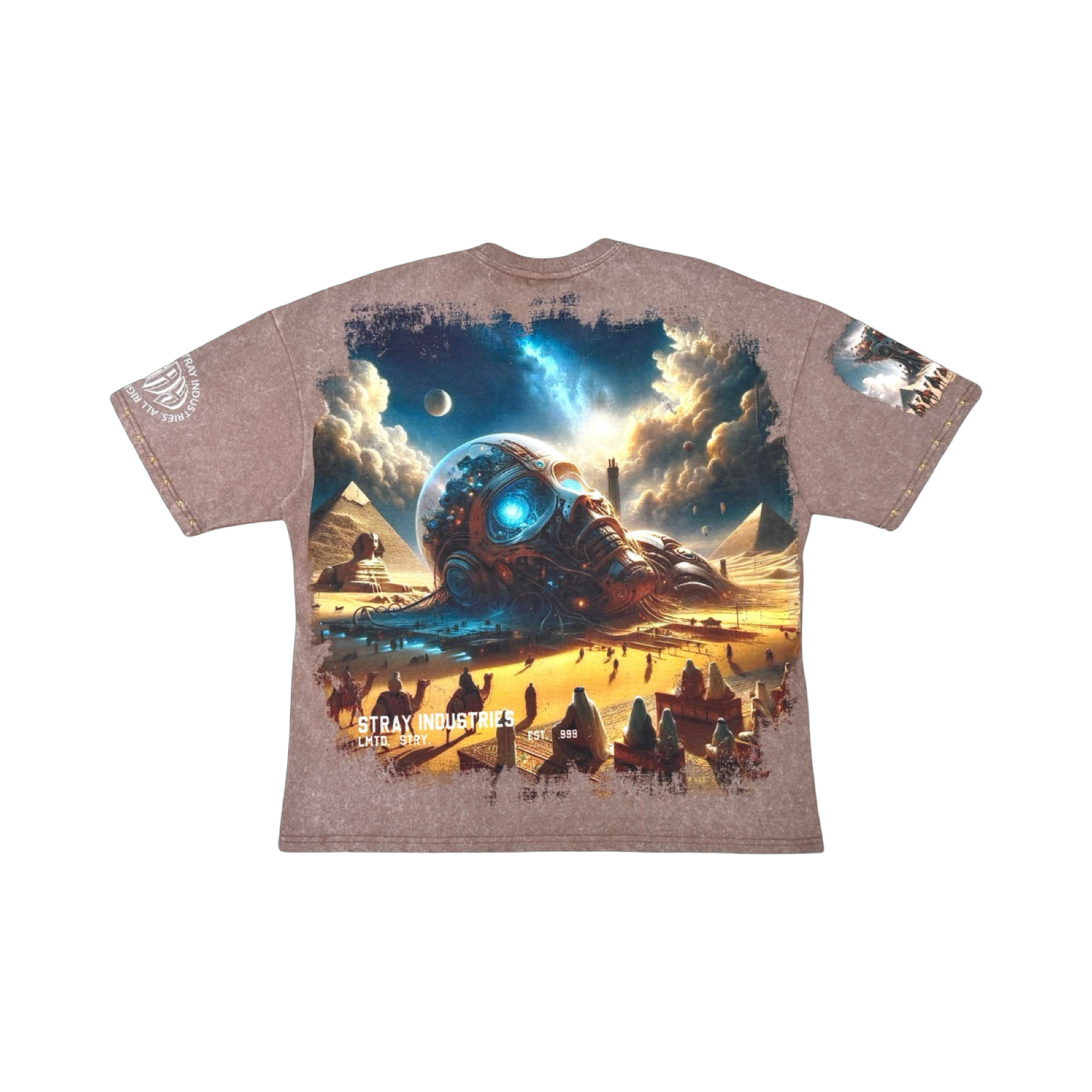 Stray acid washed, digital print metal stud trim tshirt