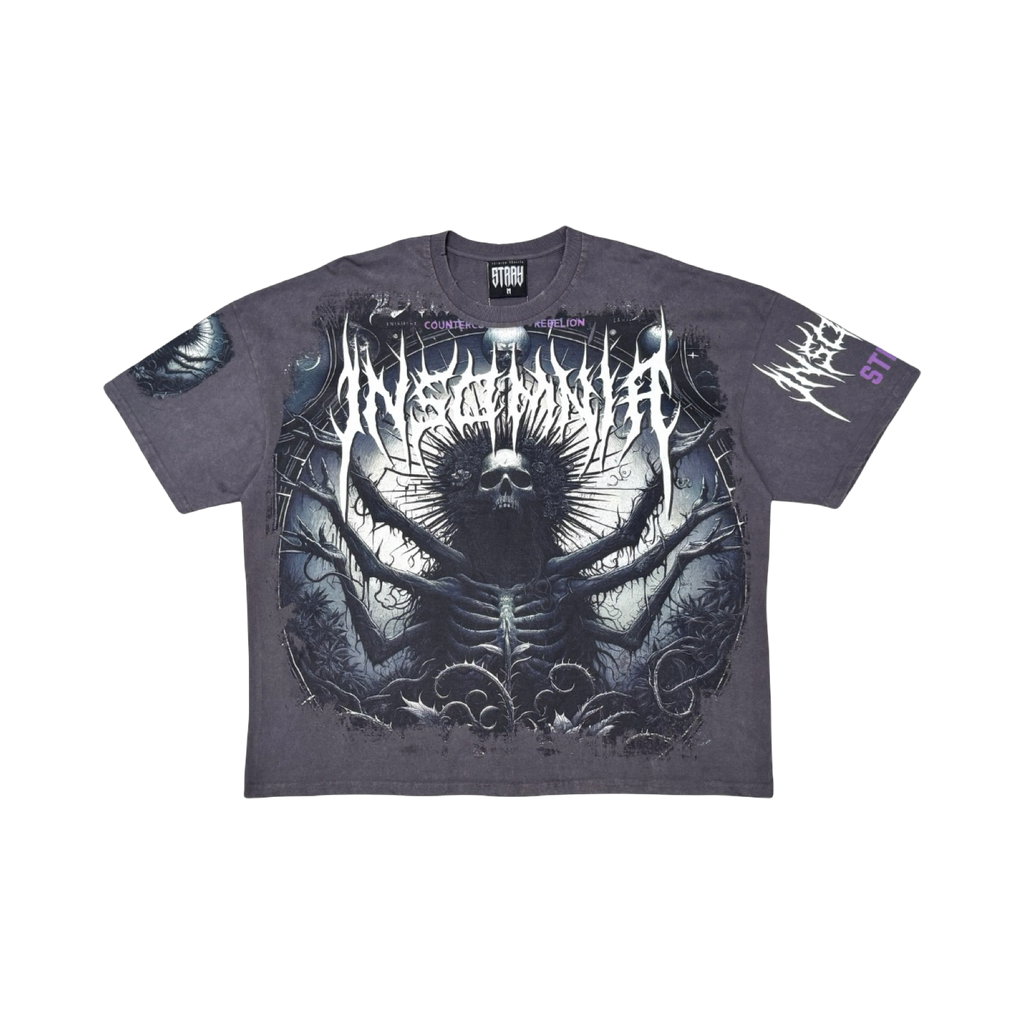 Stray acid washed, digital print metal stud trim tshirt