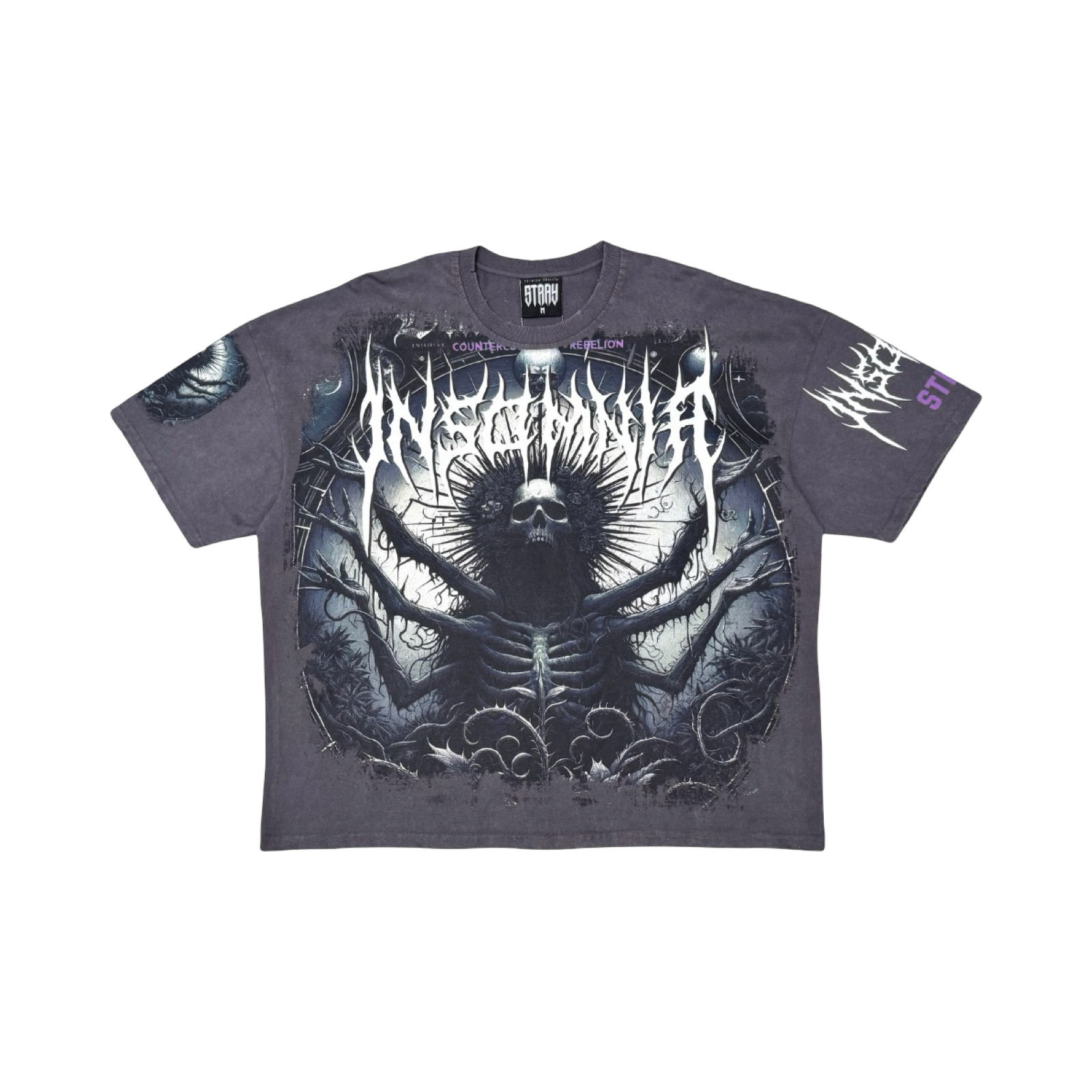 Stray acid washed, digital print metal stud trim tshirt