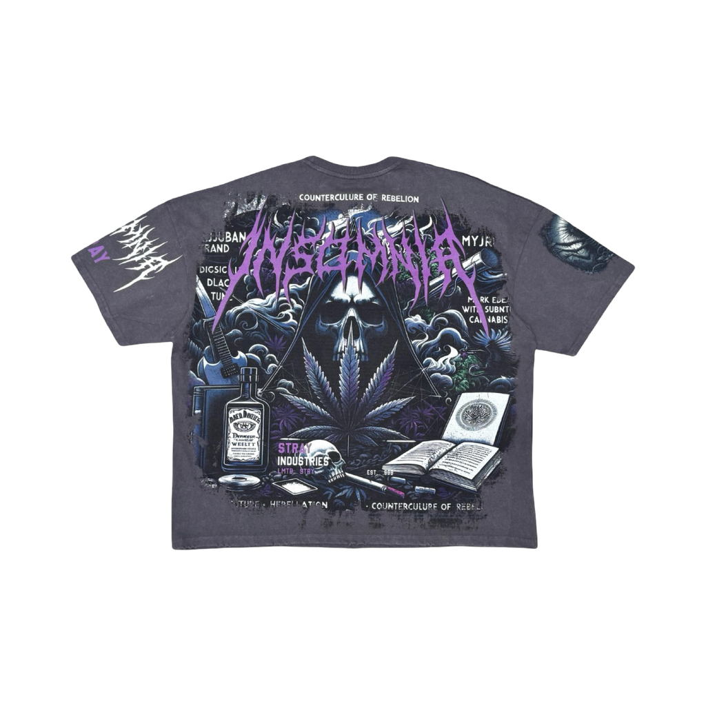 Stray acid washed, digital print metal stud trim tshirt