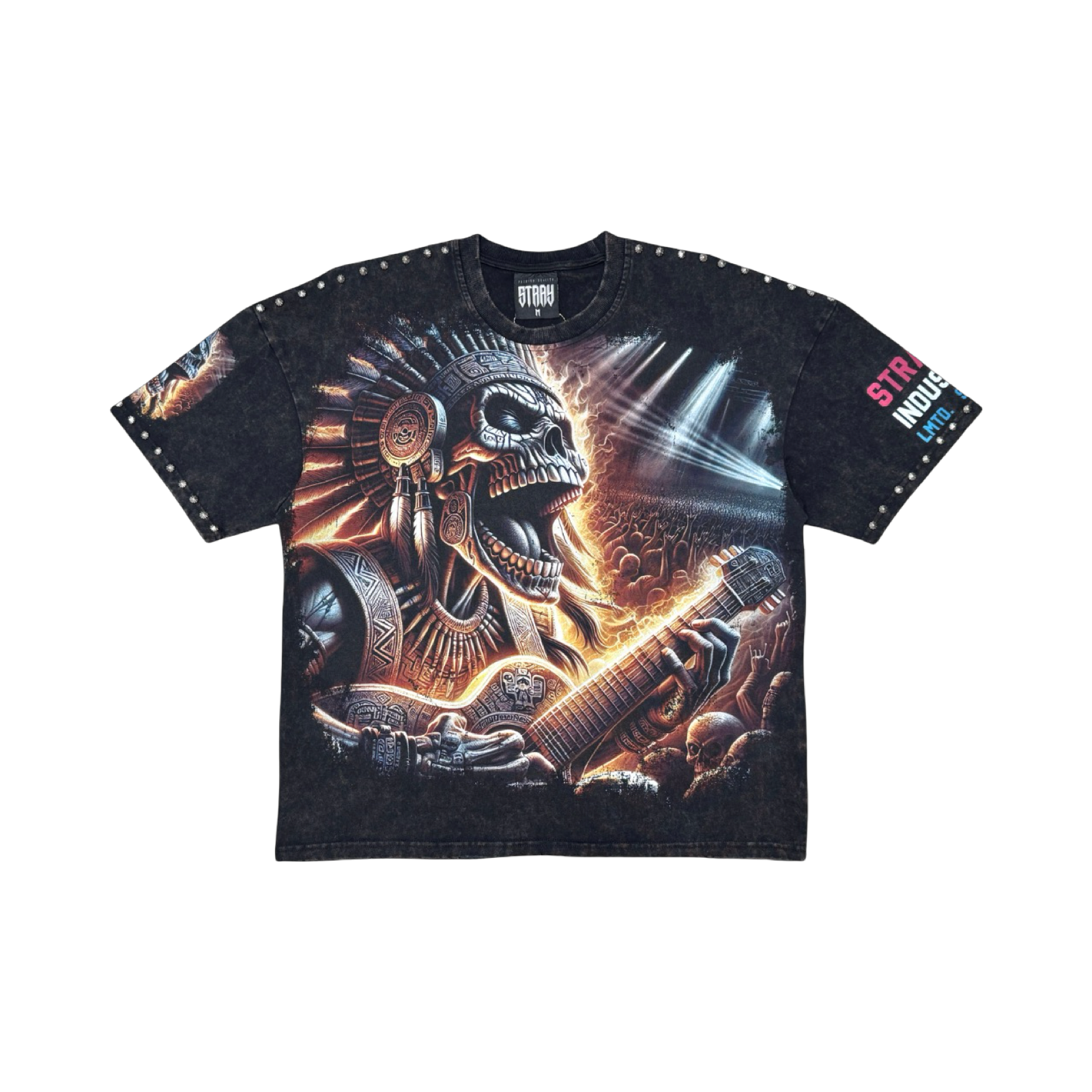 Stray acid washed, digital print metal stud trim tshirt
