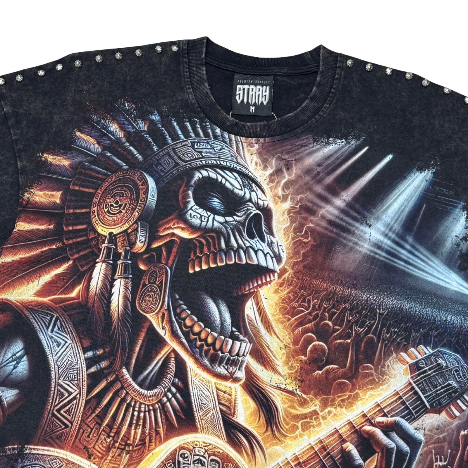 Stray acid washed, digital print metal stud trim tshirt