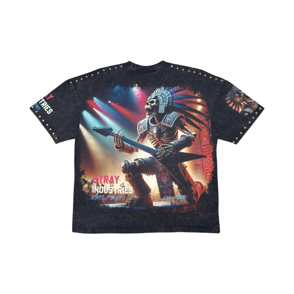 Stray acid washed, digital print metal stud trim tshirt
