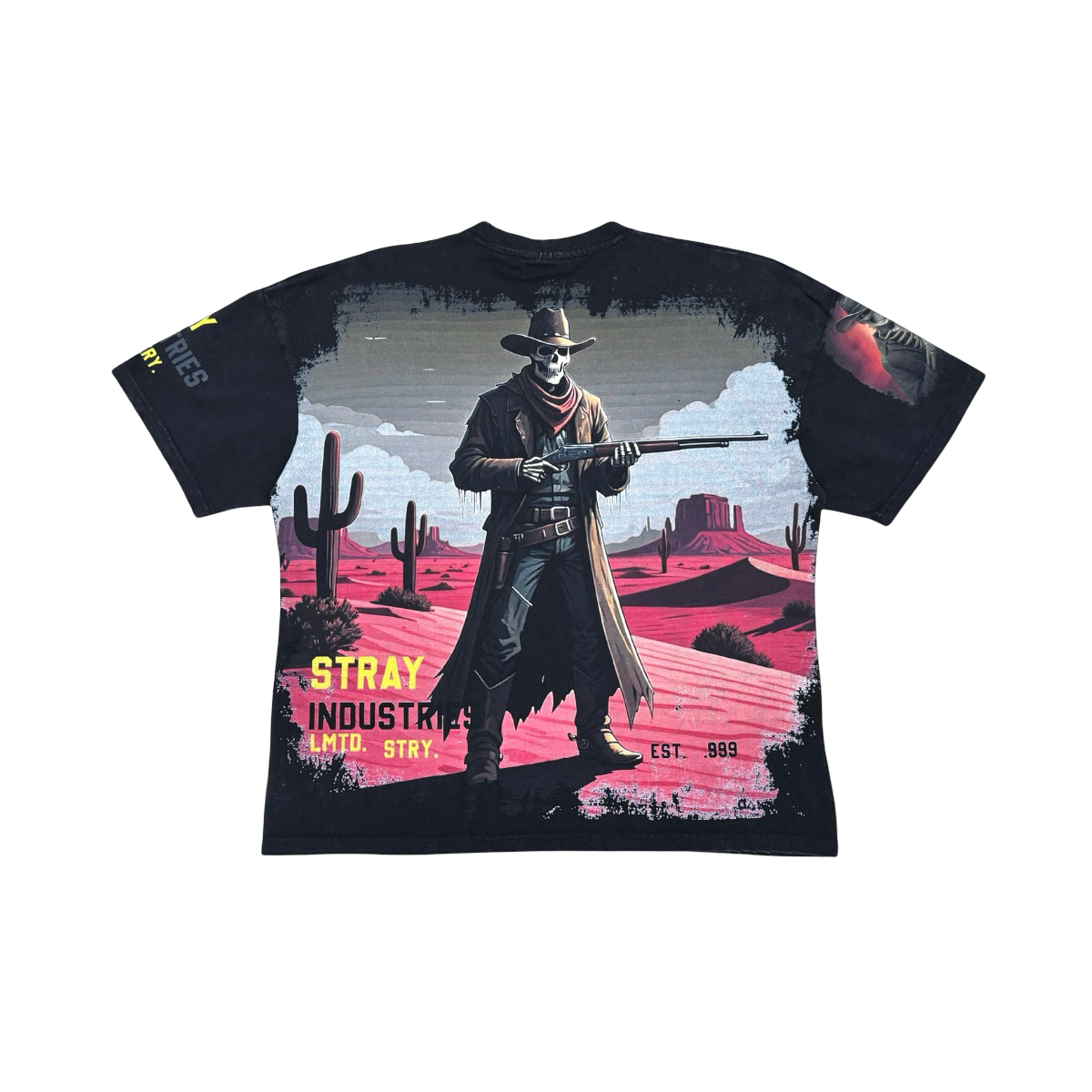 Stray acid washed, digital print metal stud trim tshirt