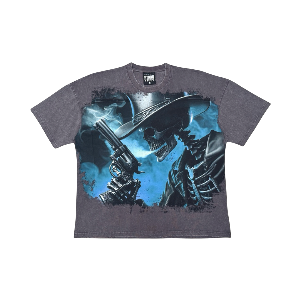 Stray acid washed, digital print metal stud trim tshirt
