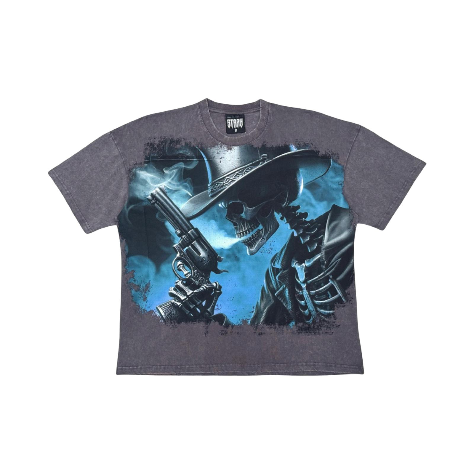 Stray acid washed, digital print metal stud trim tshirt