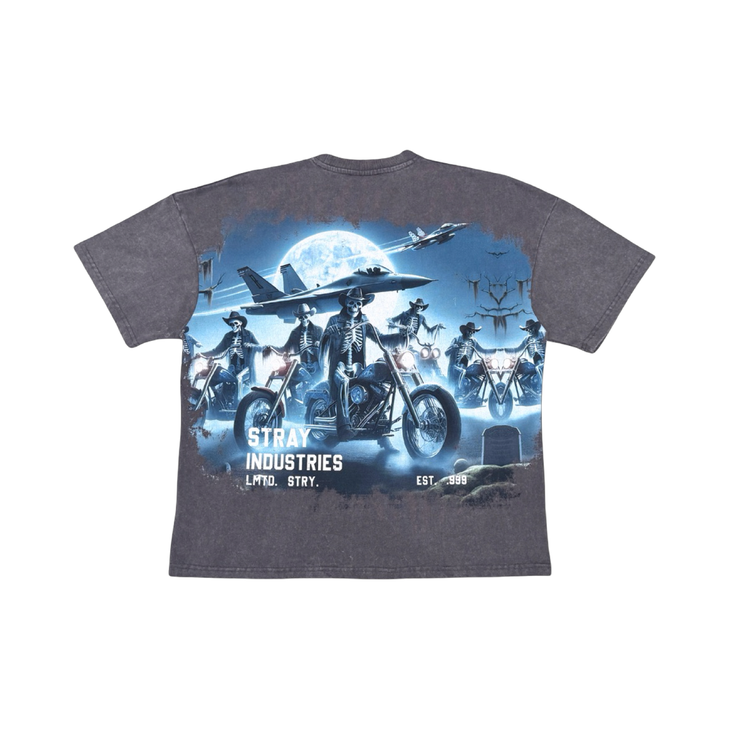 Stray acid washed, digital print metal stud trim tshirt