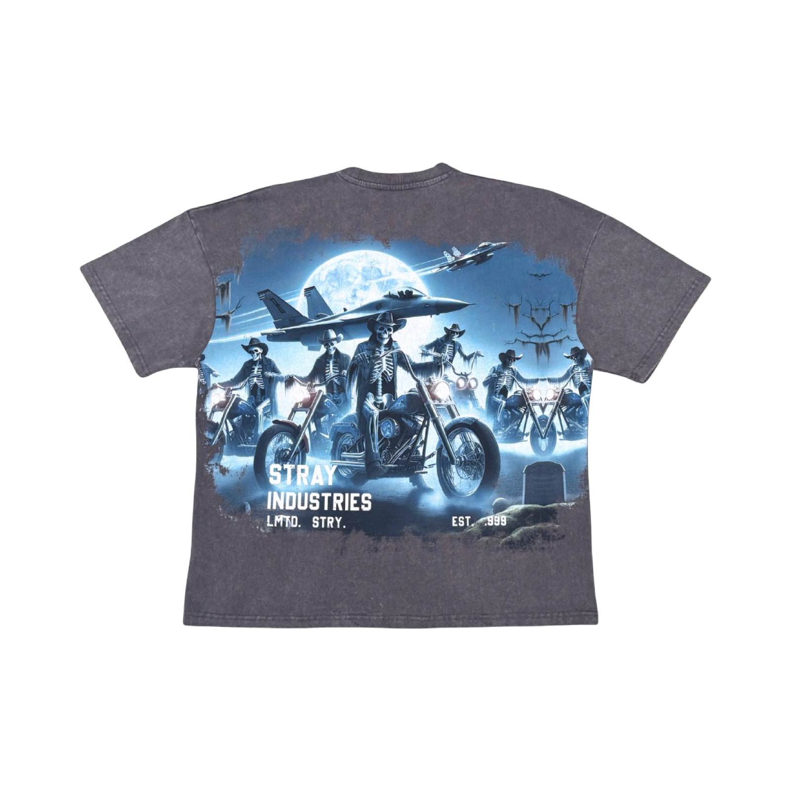 Stray acid washed, digital print metal stud trim tshirt
