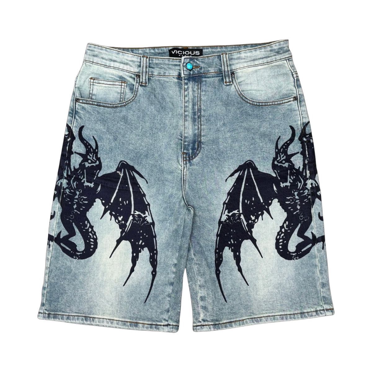 VICIOUS DENIM PRINTED / PATCH DENIM SHORTS in BLUE TINT