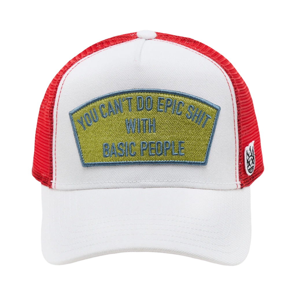 Cult's Logo Mesh Back Trucker Hat "Epic Shit" in Winter White