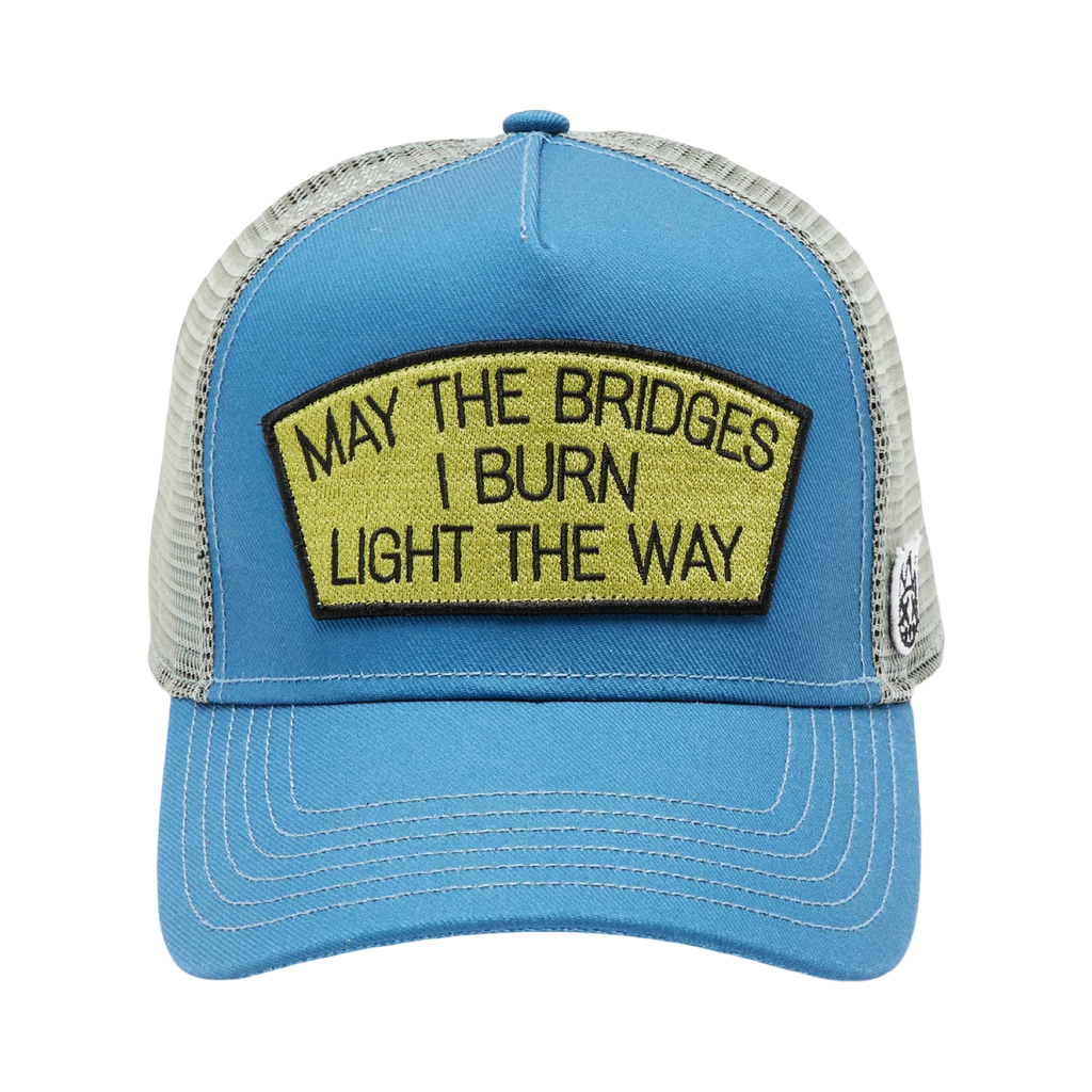 Cult's Logo Mesh Back Trucker Hat "May The Bridges I Burn" in Blue Steel