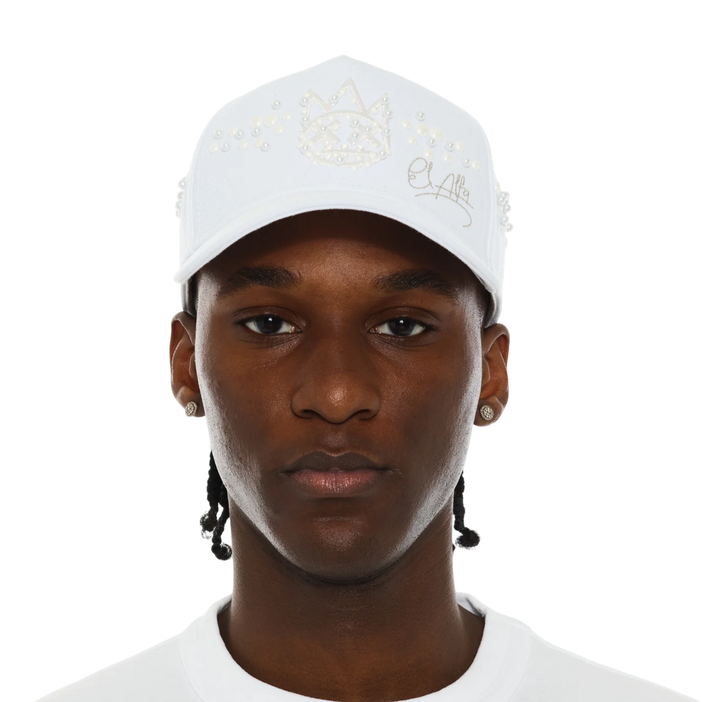 Cult x El Alfa Premium 5 Panel A Frame Trucker Hat with Pearls in White
