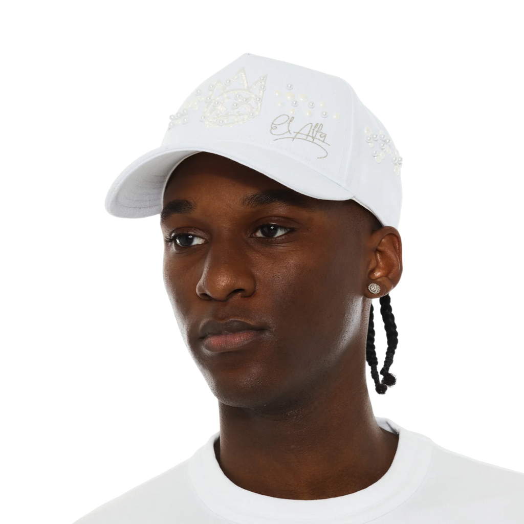 Cult x El Alfa Premium 5 Panel A Frame Trucker Hat with Pearls in White