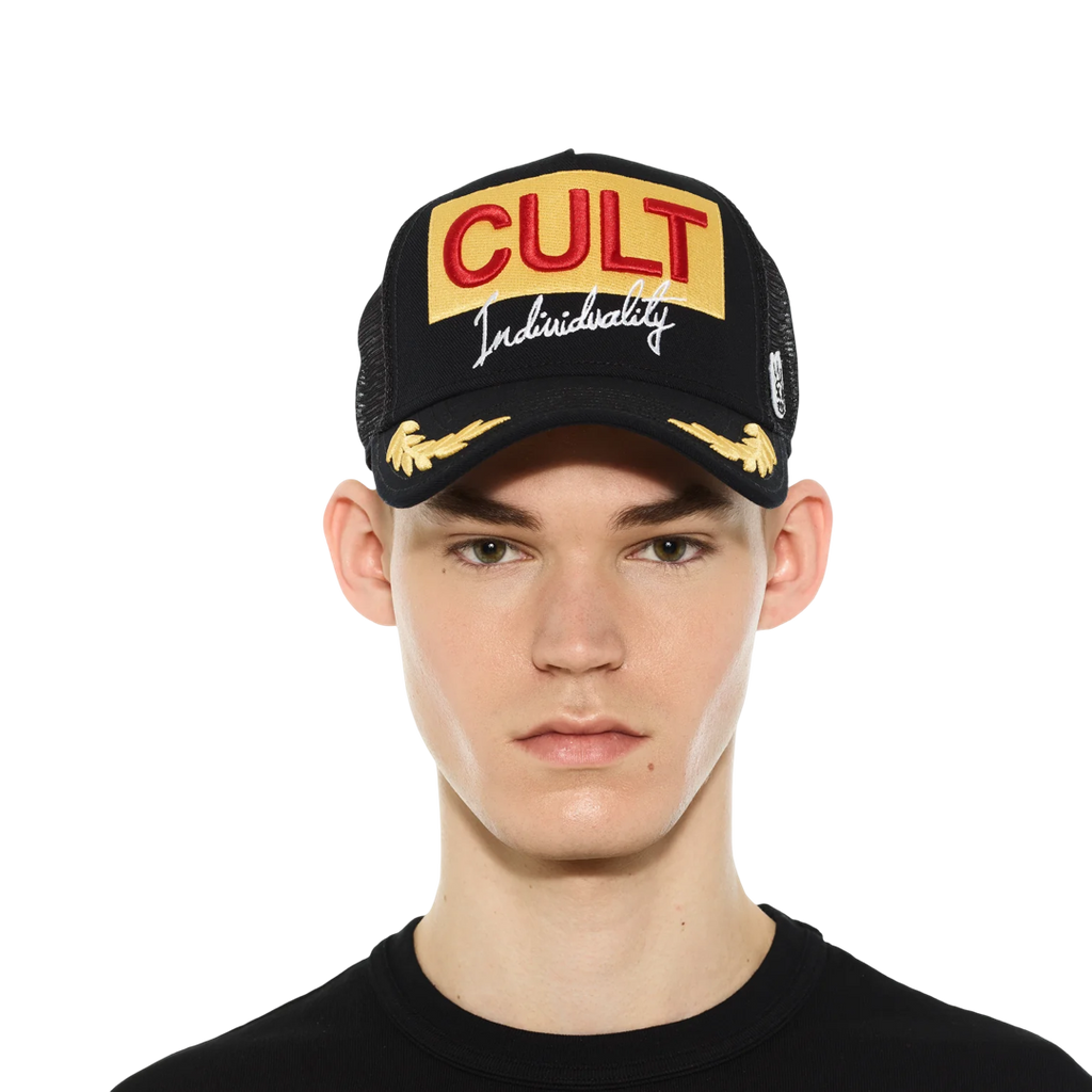 Cult's Logo Mesh Back Trucker Hat "Cult Racing" in Black