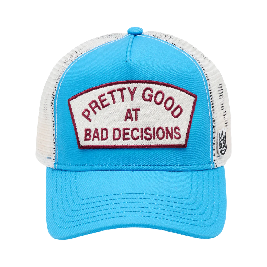 Cult's Logo Mesh Back Trucker Hat "Good At Bad Decisions" in Rhubarb