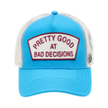 Cult's Logo Mesh Back Trucker Hat "Good At Bad Decisions" in Rhubarb