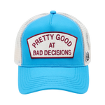 Cult's Logo Mesh Back Trucker Hat "Good At Bad Decisions" in Rhubarb
