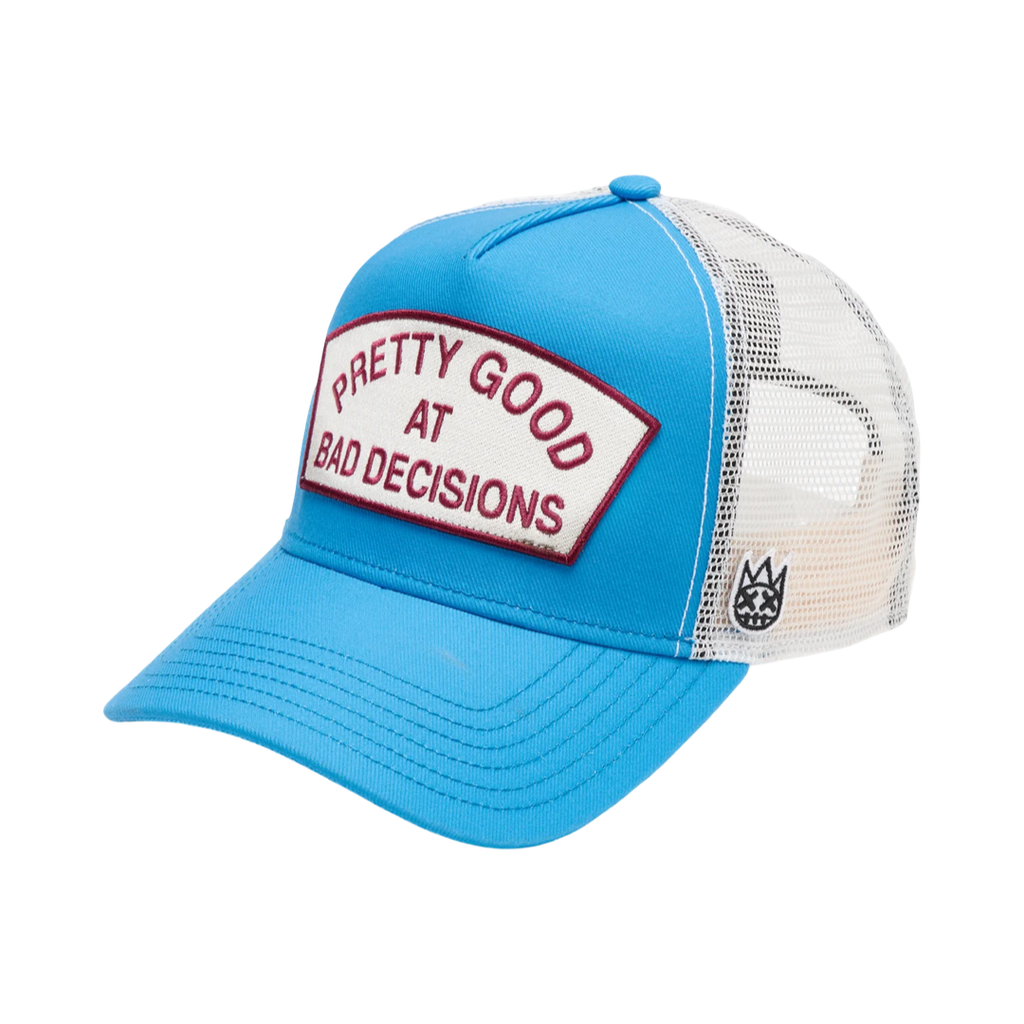 Cult's Logo Mesh Back Trucker Hat "Good At Bad Decisions" in Rhubarb
