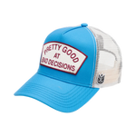 Cult's Logo Mesh Back Trucker Hat "Good At Bad Decisions" in Rhubarb